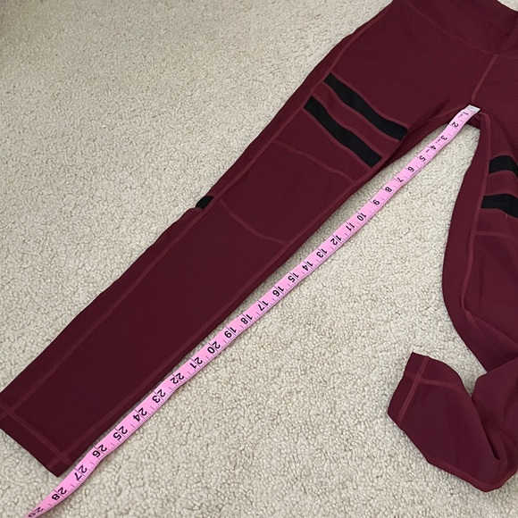 Burgundy High Waisted Leggings with Mesh Black Stripes - Picture 4 of 8